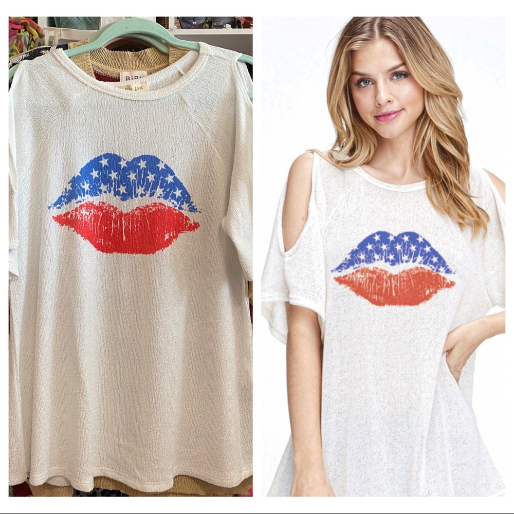 Crazy Cute American Flag Lips Cold Shoulder Top